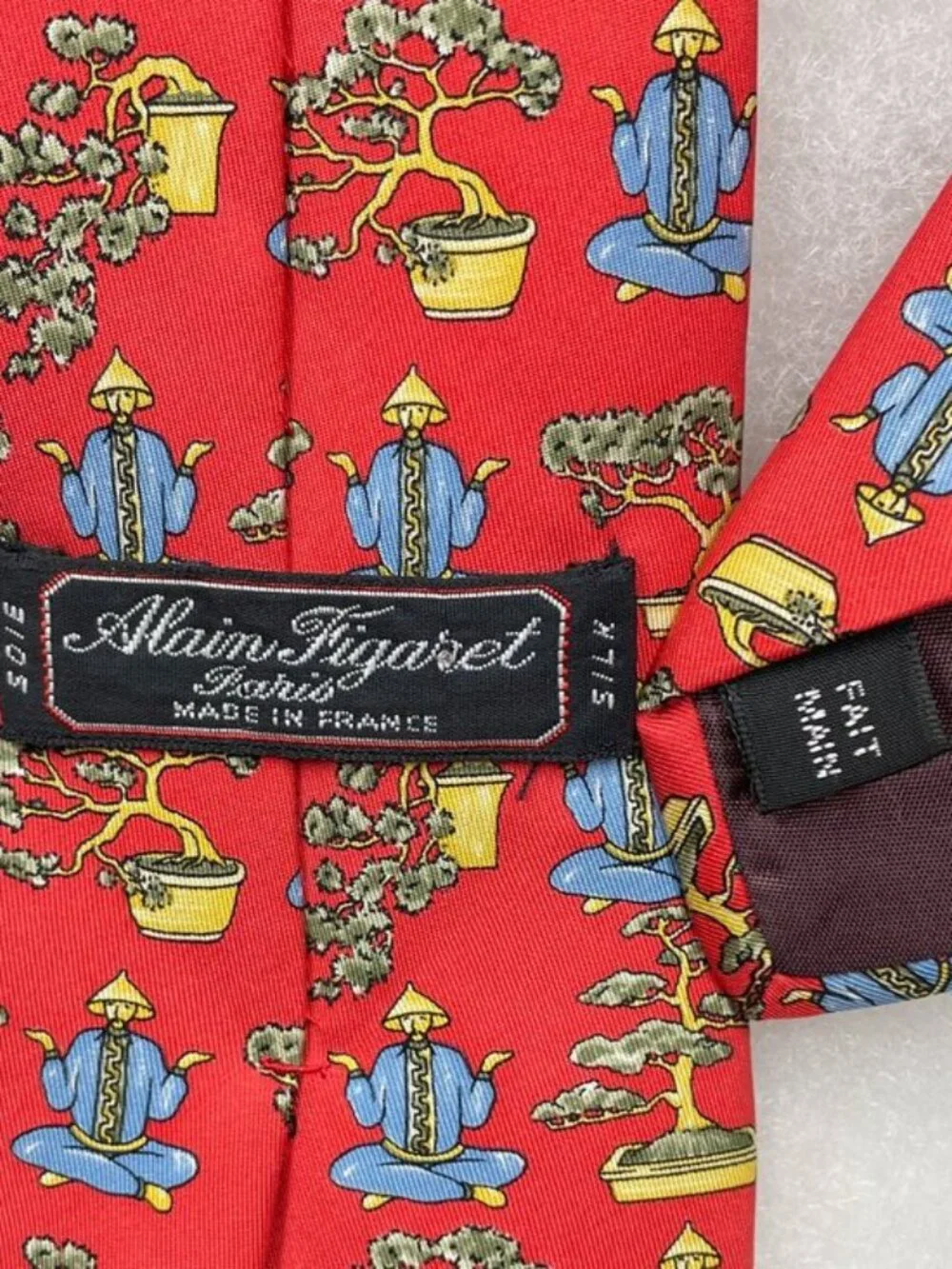 Alain Figaret Paris Silk Tie Red Meditating Yoga Monk Bonsai Tree France Made
